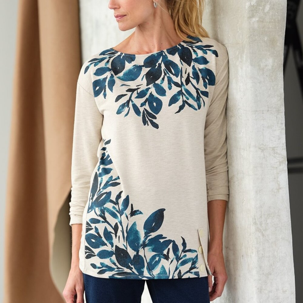 Lovely J.Jill Pure Jill Teal Blue Tan Tunic Boatneck Large